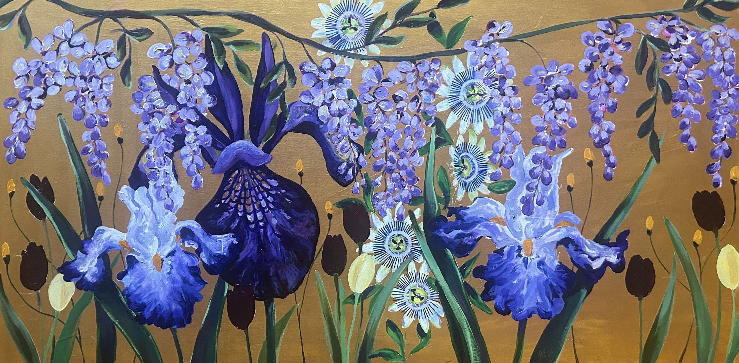 Dreams in Violet and Gold - Acrylic on canvass 100cm x 50cm Available framed £540