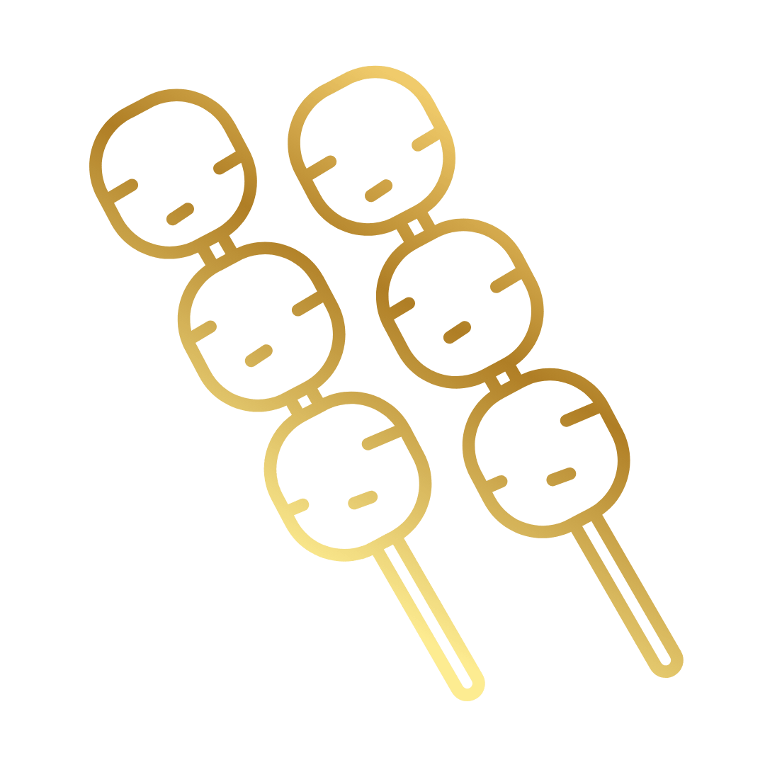 Gold outline drawing of two skewers with round food pieces resembling dango or similar snack on black background.