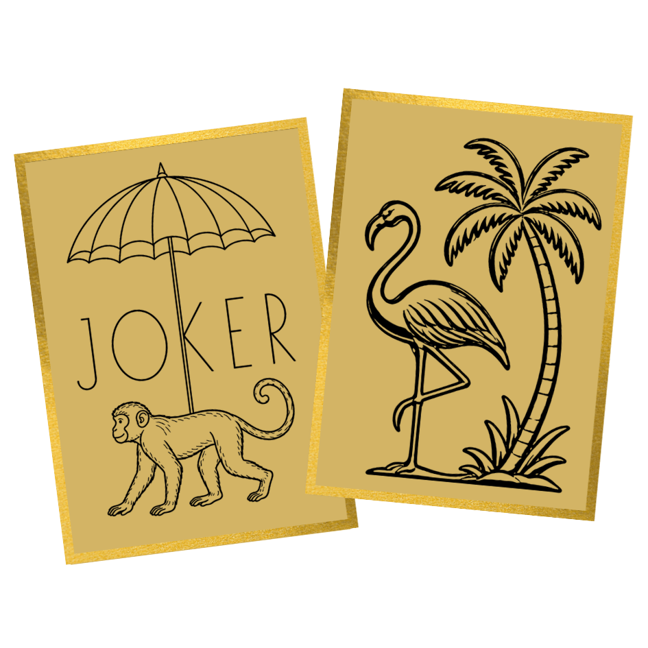 Two gold Mahjong cards, one featuring a monkey under an umbrella with the word 'JOKER', and the other with a flamingo and palm tree illustration.