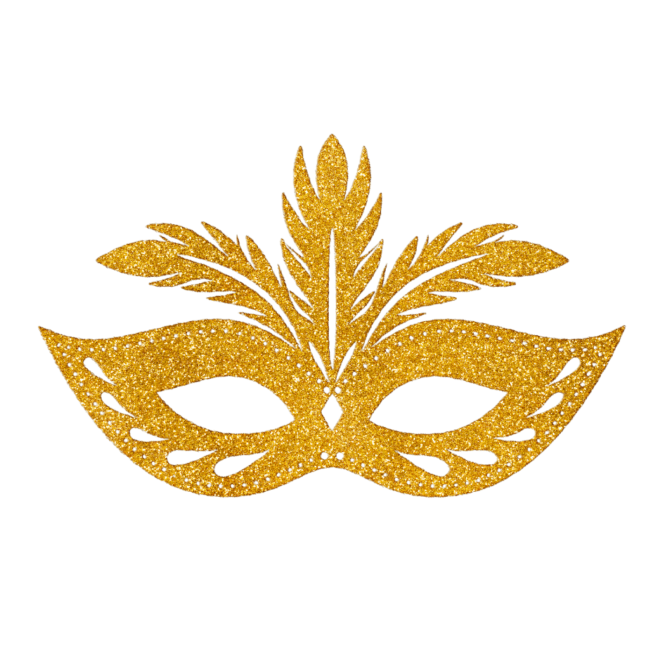 Gold glittery masquerade mask with leaf and feather details on a black background.