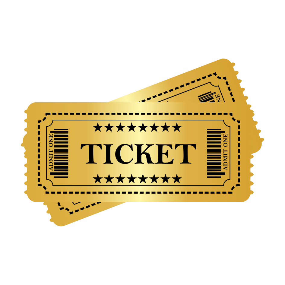 Two gold-colored tickets with black text reading 'TICKET' and 'ADMIT ONE' on a black background.