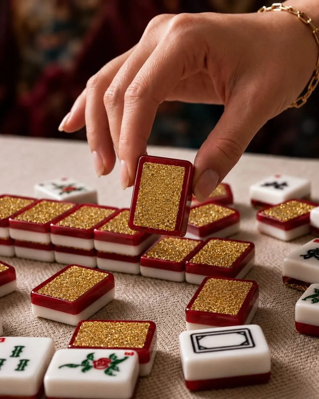 American Mahjong Tiles that are Gold Glittery, Red