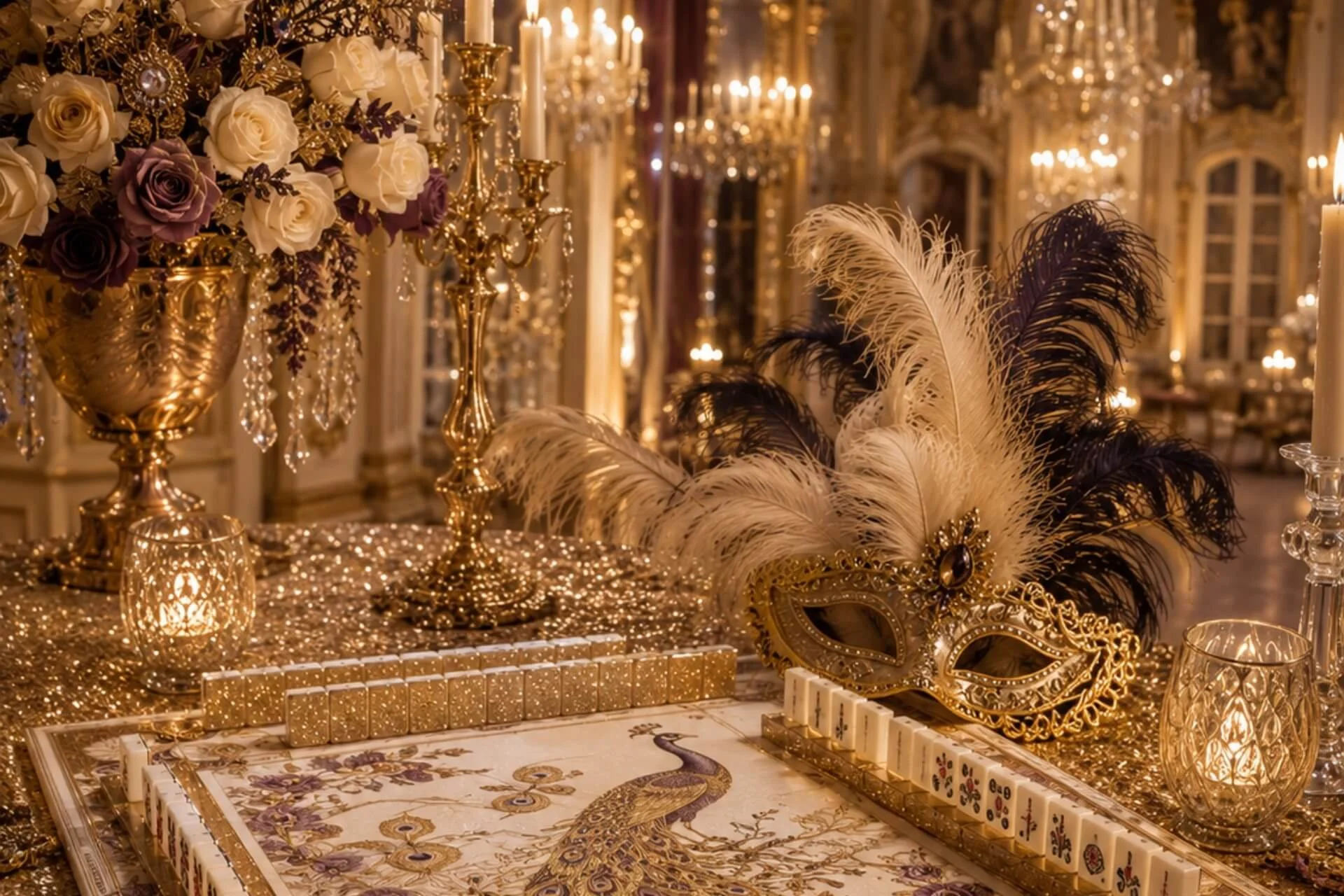 Elegant indoor celebration setup with gold candelabras, white and purple roses, and feathered masks, surrounded by chandeliers and warm lighting. A table features a decorative card game with a peacock design.