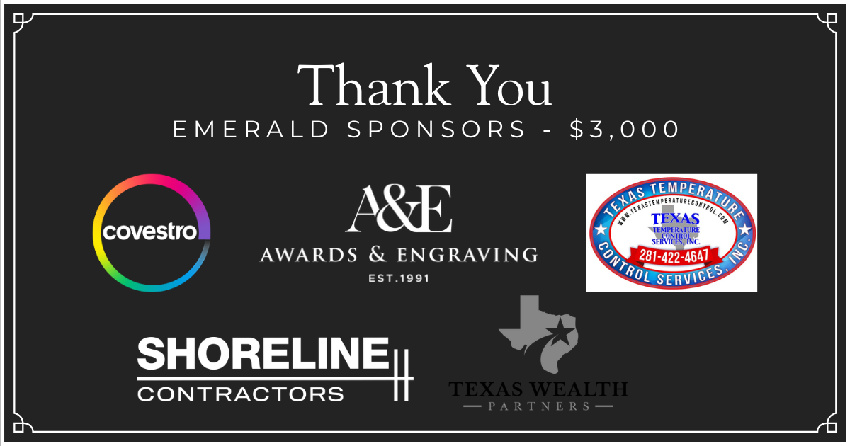 Thank You message with logos of sponsors and partners, including Covestro, A&E Awards & Engraving, Texas Temperature Control, Shoreline Contractors, and Texas Wealth Partners.