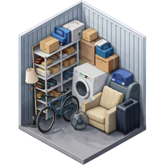 Een berging met een wasmachine, een bank, een fiets, dozen, een lamp en een kast in een kleine kamer.