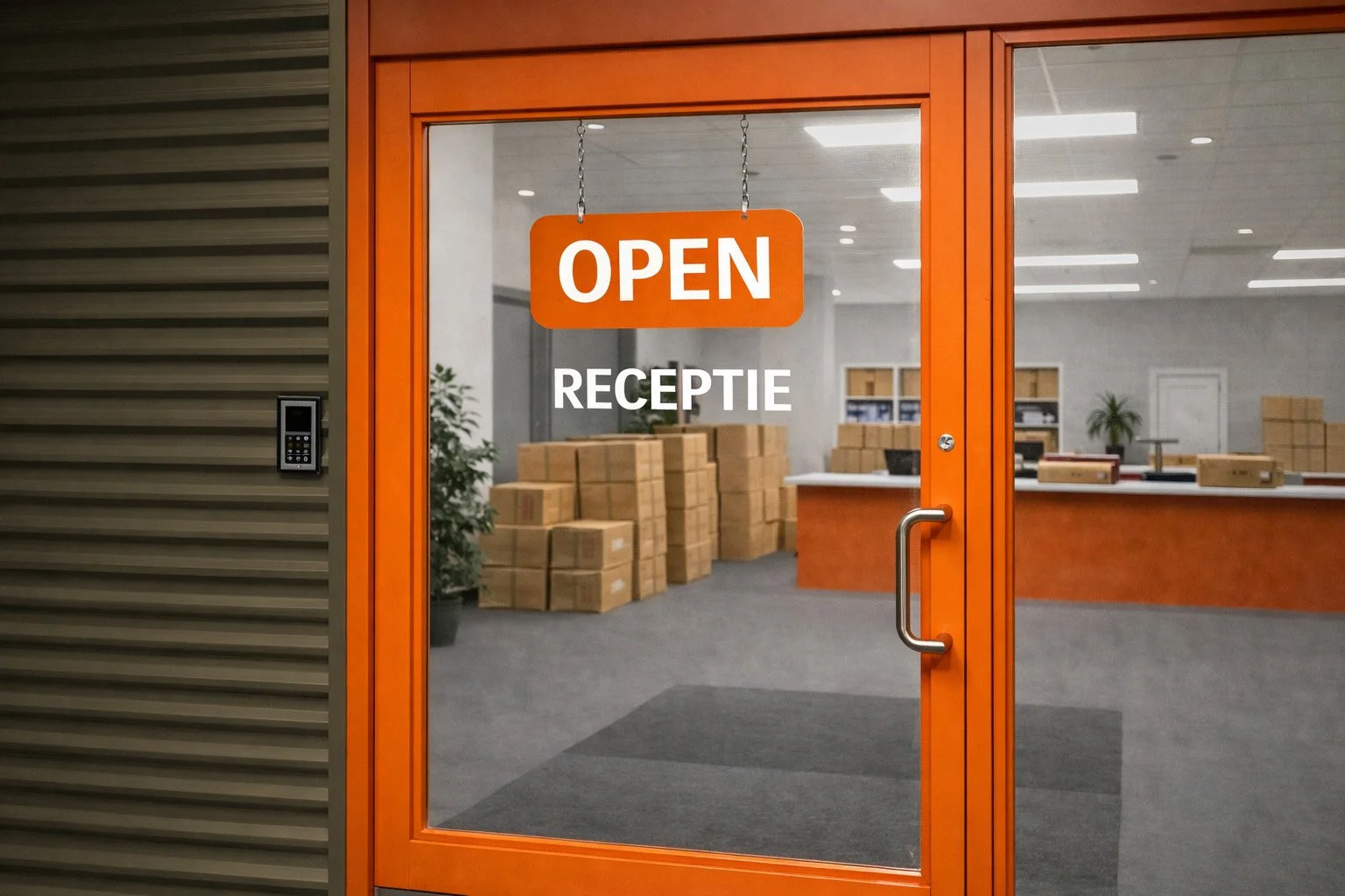 Deur met een oranje lijst en een glaspaneel, waarop 'OPEN' en 'RECEPTIE' staan, en een elektronische deuropener naast de deur. Binnenin is een receptiegebied met dozen en planten.