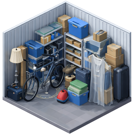 Een opslagkast vol met koffers, dozen, een fiets, een lamp, en huishoudelijke artikelen.