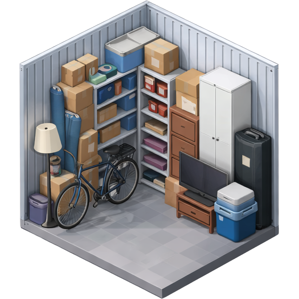 Een opslagruimte met dozen, een fiets, een kast, een televisiescherm, een lamp, en andere huishoudelijke items.