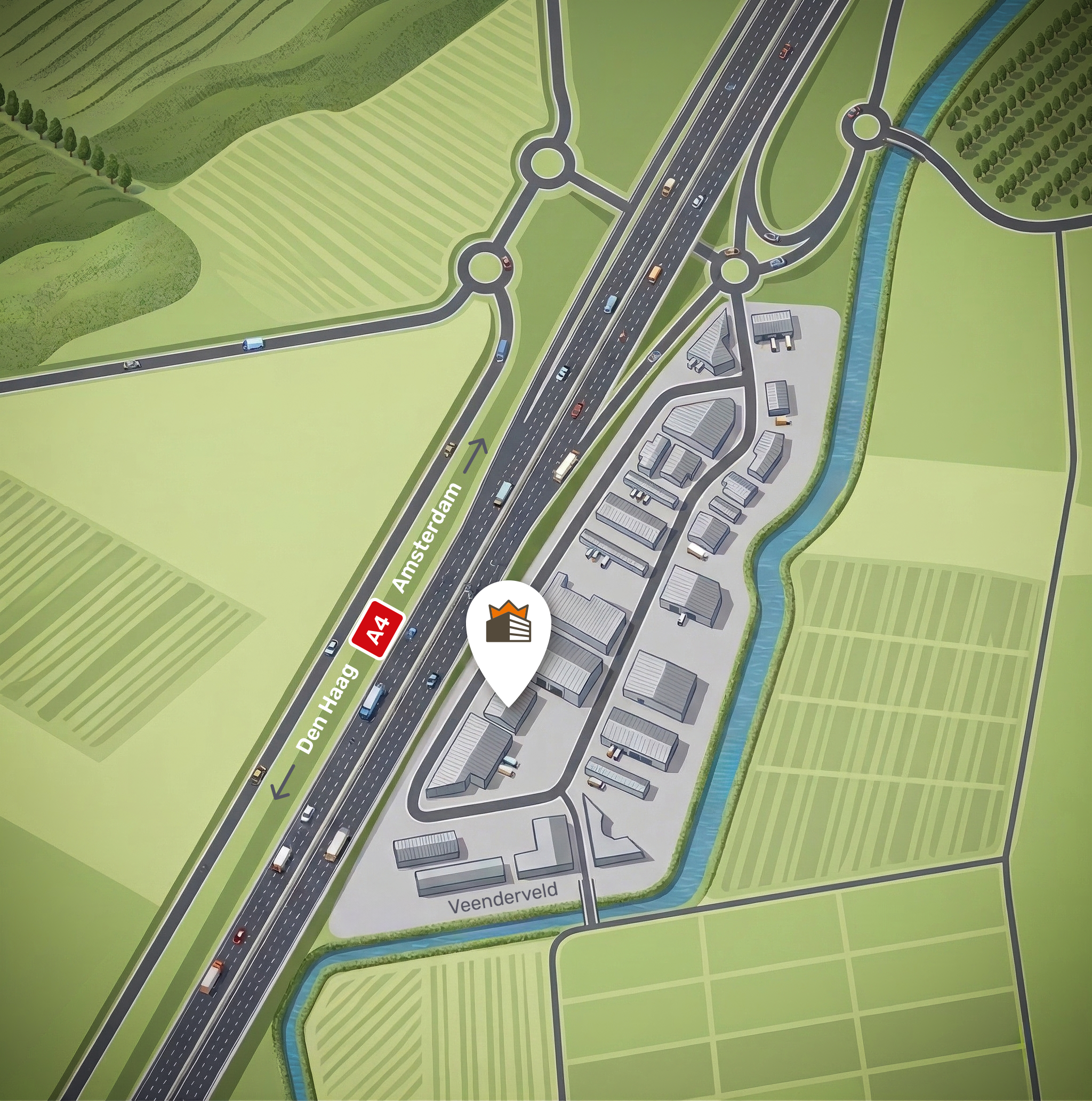 De Opslagkoning locatie direct aan de A4 in Roelofarendsveen. Een landkaart met een snelweg A4 naar Amsterdam en Den Haag, bedrijventerrein Veenderveld met gebouwen en een waterweg eromheen.