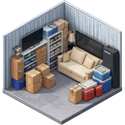 Een kleine kamer vol met verhuisdozen, een bank, een tv, en opbergkasten.