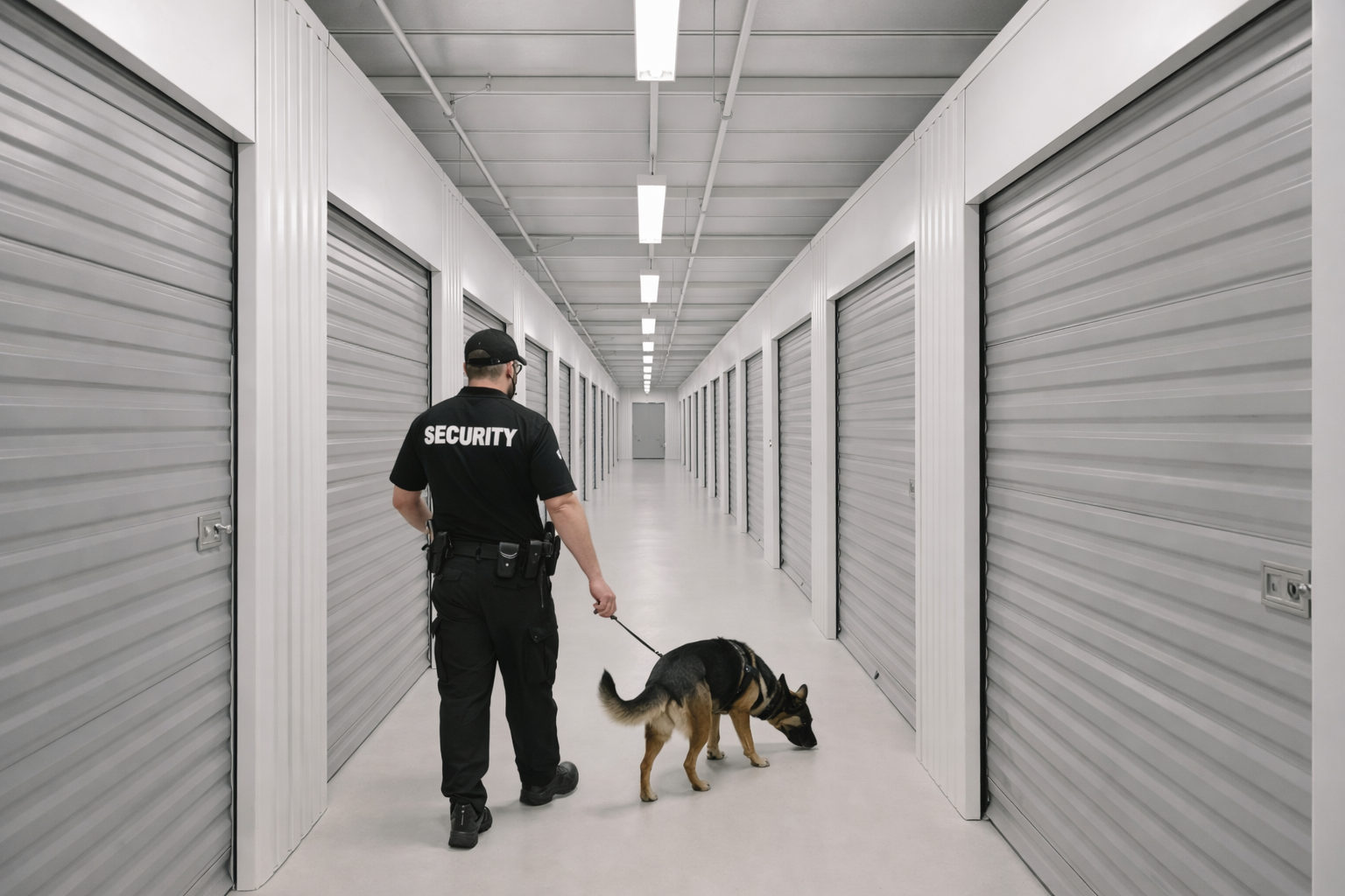 Beveiligingsmedewerker met een Belgische herdershond onderzoekt een bewuste rij met opslagcontainers in een magazijn.