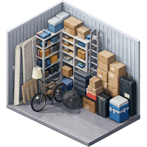 Opgepropt opslagruimte met dozen, koffer, fiets, ventilator, en verschillende verzamelobjecten.