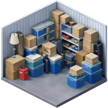 Een opslagruimte vol met dozen, koffers en tassen. Er staan rekken met meer dozen en enkele kleine apparaten.