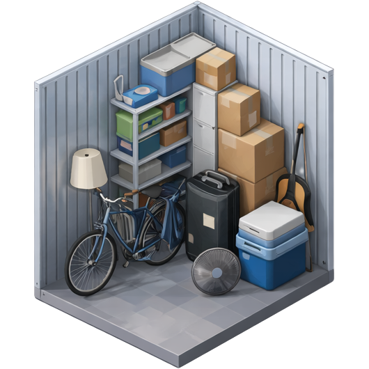 Een schuur met een fiets, een tafelventilator, dozen, een cooler, een tas, een koffertje, een lamp, opbergplanken met verschillende items, en een schep.