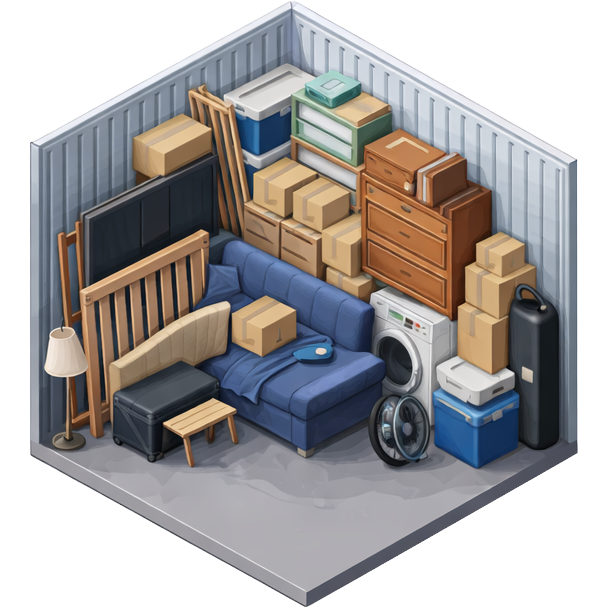 Een diverse voorraadkamer met dozen, meubels, wasmachine, (vaste) stofzuiger, en ventilator.