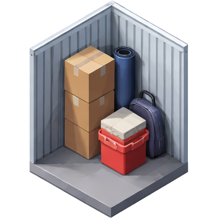 Een opslagruimte met kartonnen dozen, een blauwe yogamat, een rugzak, een koelbox en een gereedschapskoffer.