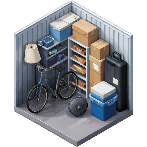 Een opslagruimte met een fiets, dozen, containerboxen, een lamp, en een koffer, ingericht in een hoek met grijze houten panelen.