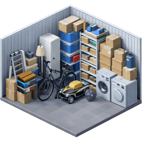 Een opbergkast met dozen, een fiets, een grasmaaier, een wasmachine, een droger, planken met spullen, een ladder, en een lamp in een garage of opslagruimte.