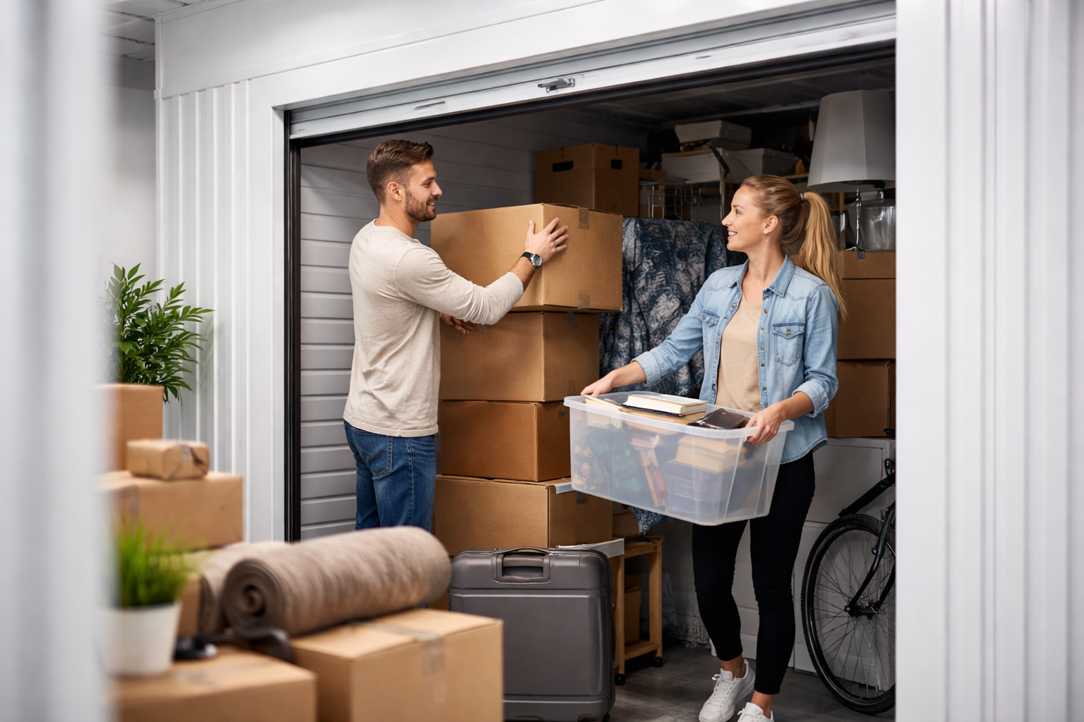 Twee mensen laden dozen in een garage, één man helpt de vrouw met het tillen van een doos, er liggen verhuisbenodigdheden en een fiets in de garage.