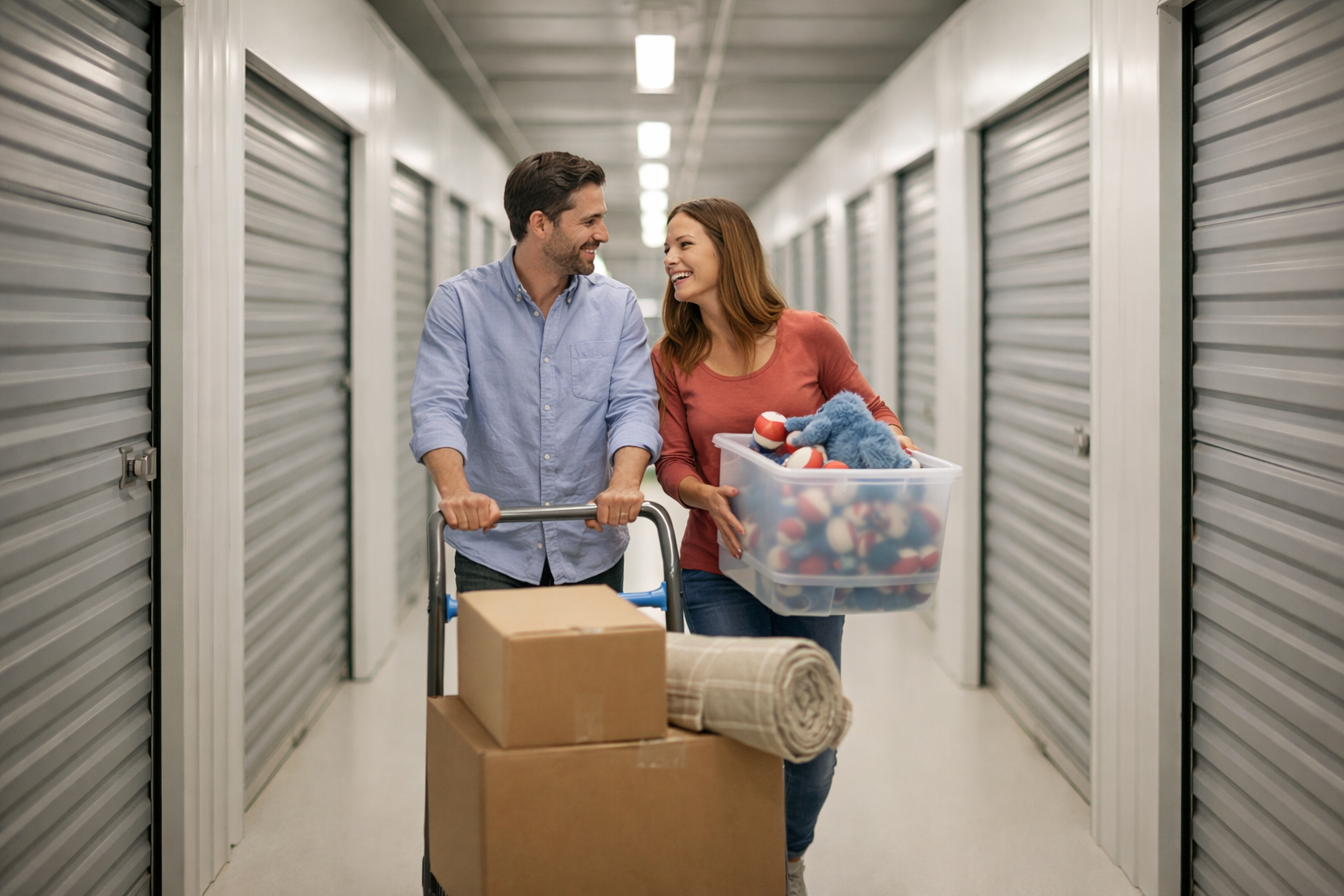 Twee mensen verhuizen naar een opslagfaciliteit, glimlachend en met verhuisdozen en knuffels.