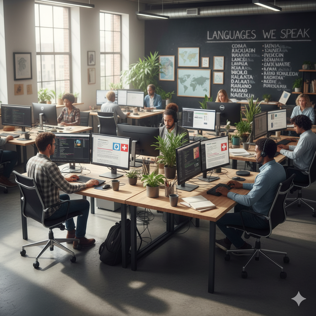 A diverse group of people working in a modern office with multiple monitors at desks, some with headsets, and a blackboard with 'Languages We Speak' and list of languages in the background.