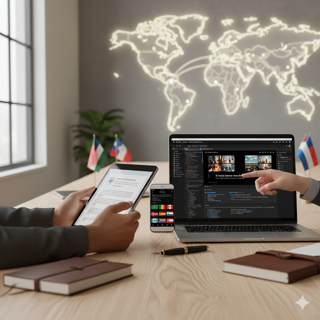 A person is using a tablet and a laptop at a table, with a world map projection on the wall glowing behind them. The laptop displays a code editor with images, and the tablet shows a document. Small flags are on the table, and a plant is in the corner.