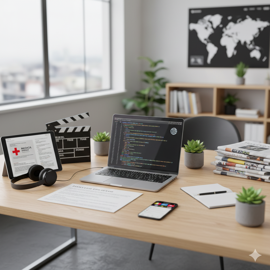 Modern workspace with a laptop, a tablet, and a smartphone on a wooden desk, surrounded by potted plants, a stack of newspapers, a notebook with a pen, and a clapperboard, with a world map and bookshelf in the background.