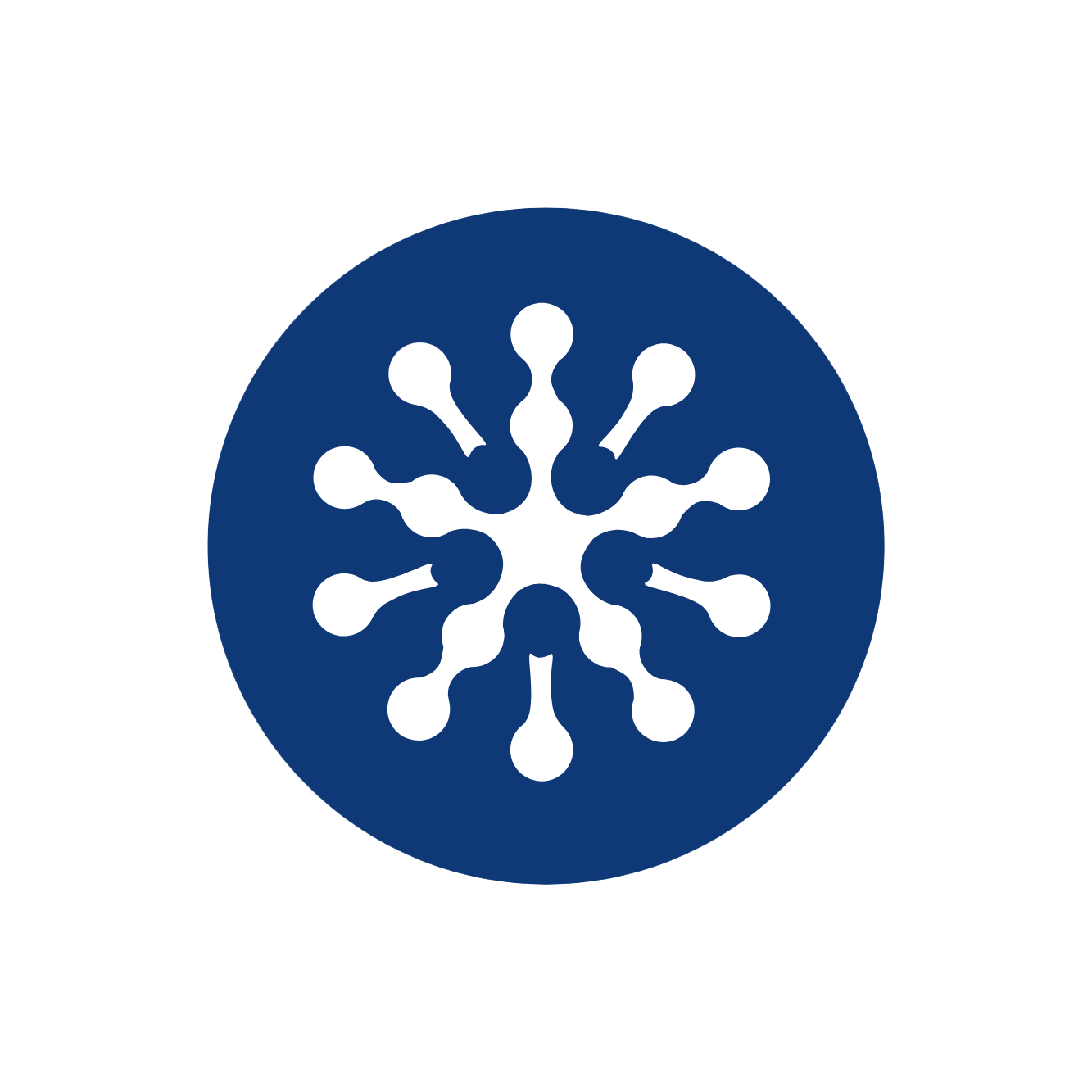 White abstract snowflake with circular nodes inside a dark blue circle on a black background