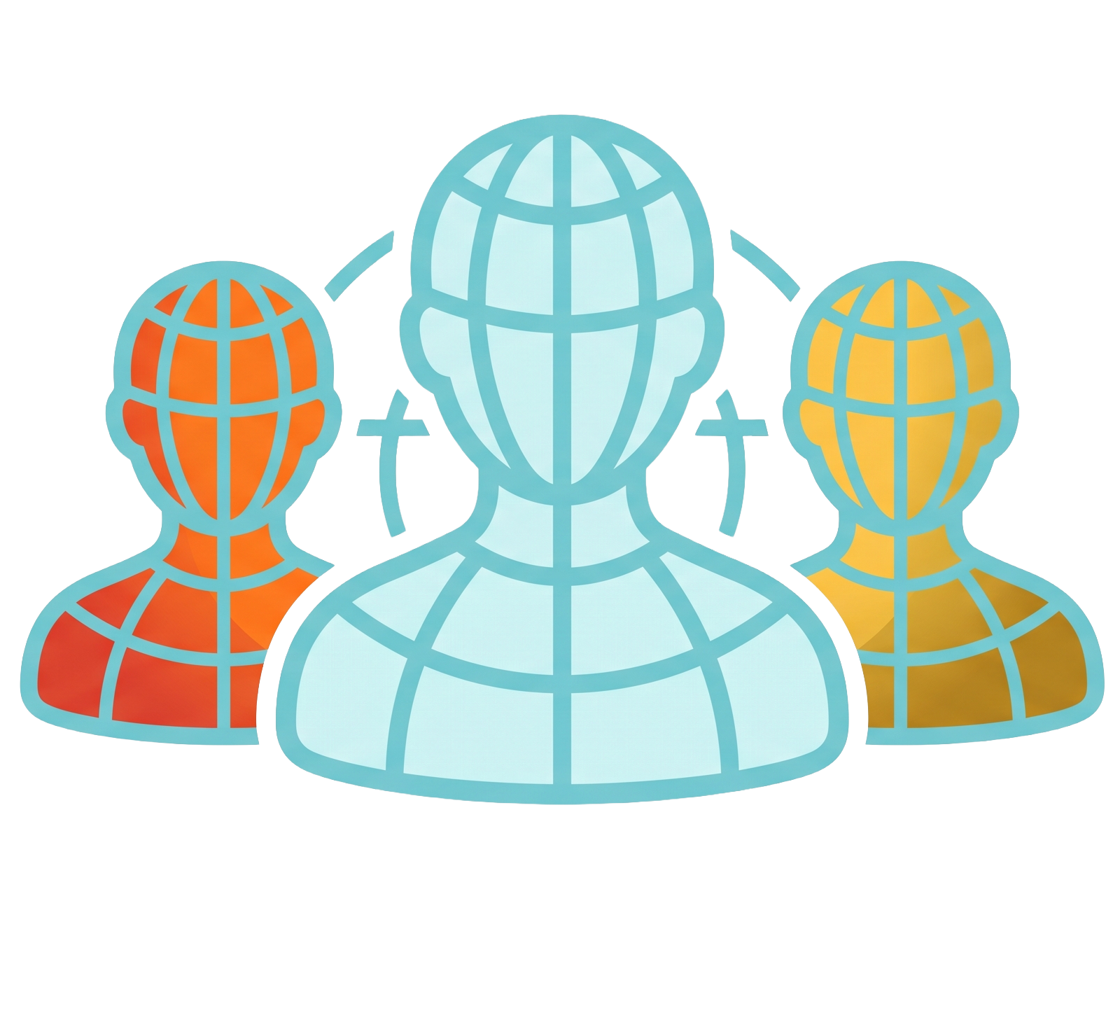 Illustration of three interconnected human figures with globe patterns on their bodies, representing global communication or teamwork.