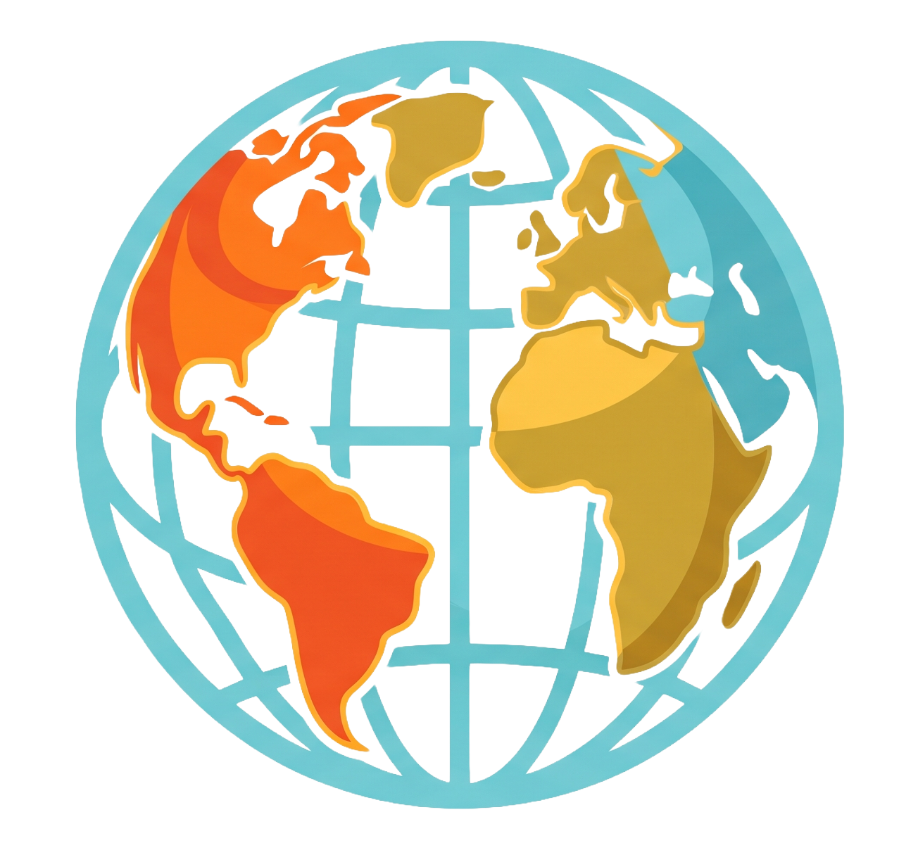 A colorful illustration of a globe with North and South America on the left in shades of orange and red, and Europe, Africa, and parts of Asia on the right in shades of yellow and brown, with a blue grid representing the Earth's latitude and longitude lines.