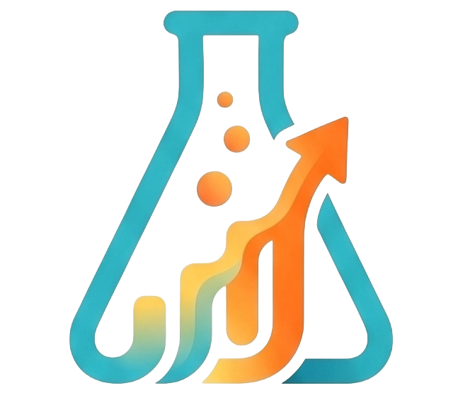 A colorful scientific illustration featuring a laboratory flask, upward trending arrows, and abstract circular shapes representing growth and progress.