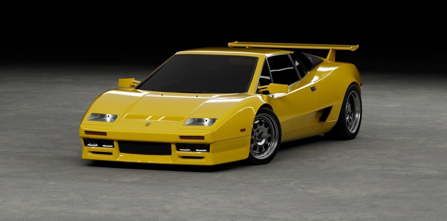 A yellow vintage Lamborghini Countach sports car with a large rear wing, sleek angular design, and black tinted windows on a gray surface with a dark background.