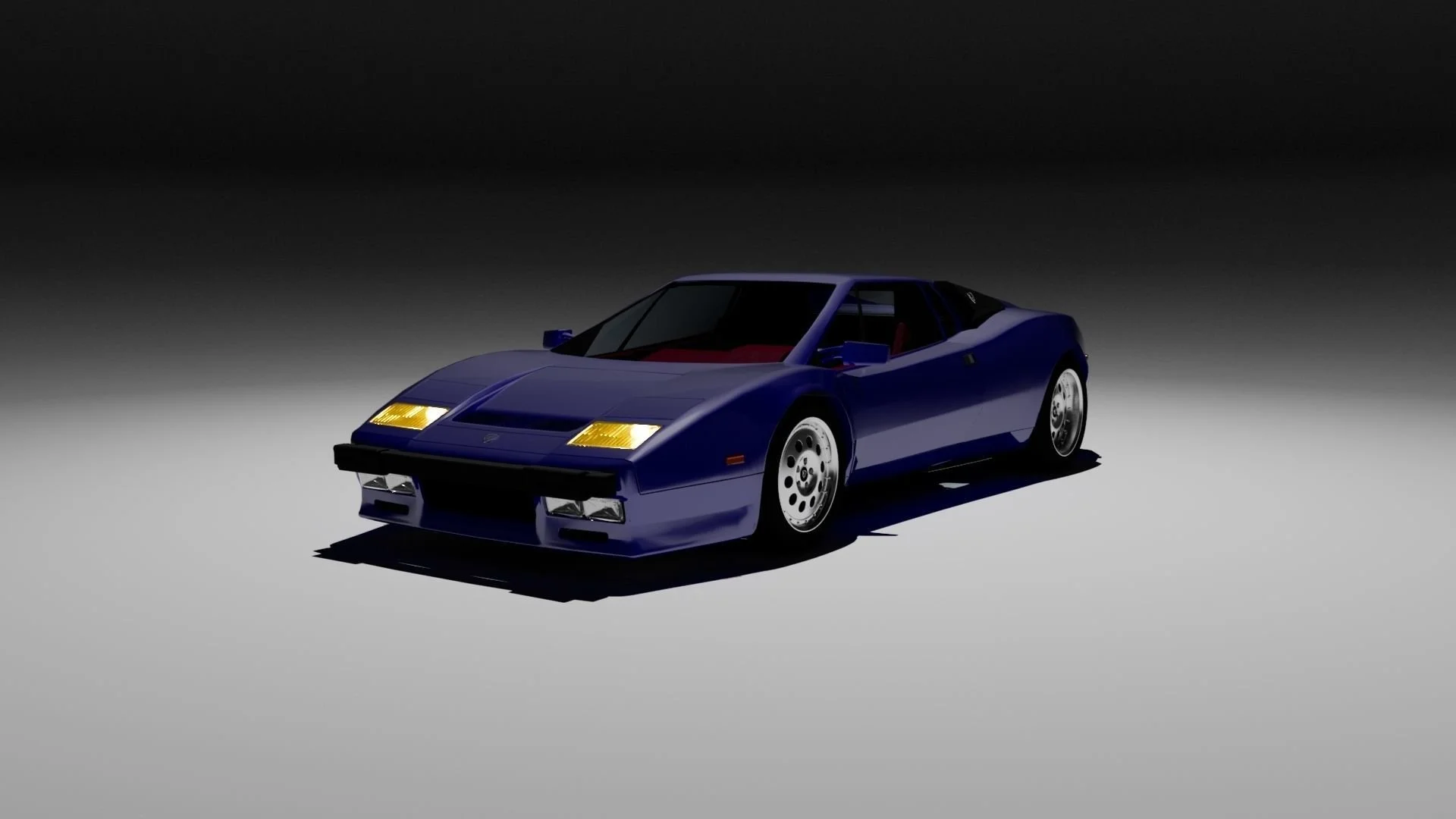 A classic blue Lamborghini Countach sports car with yellow headlights, parked on a gradient background that transitions from dark to light.