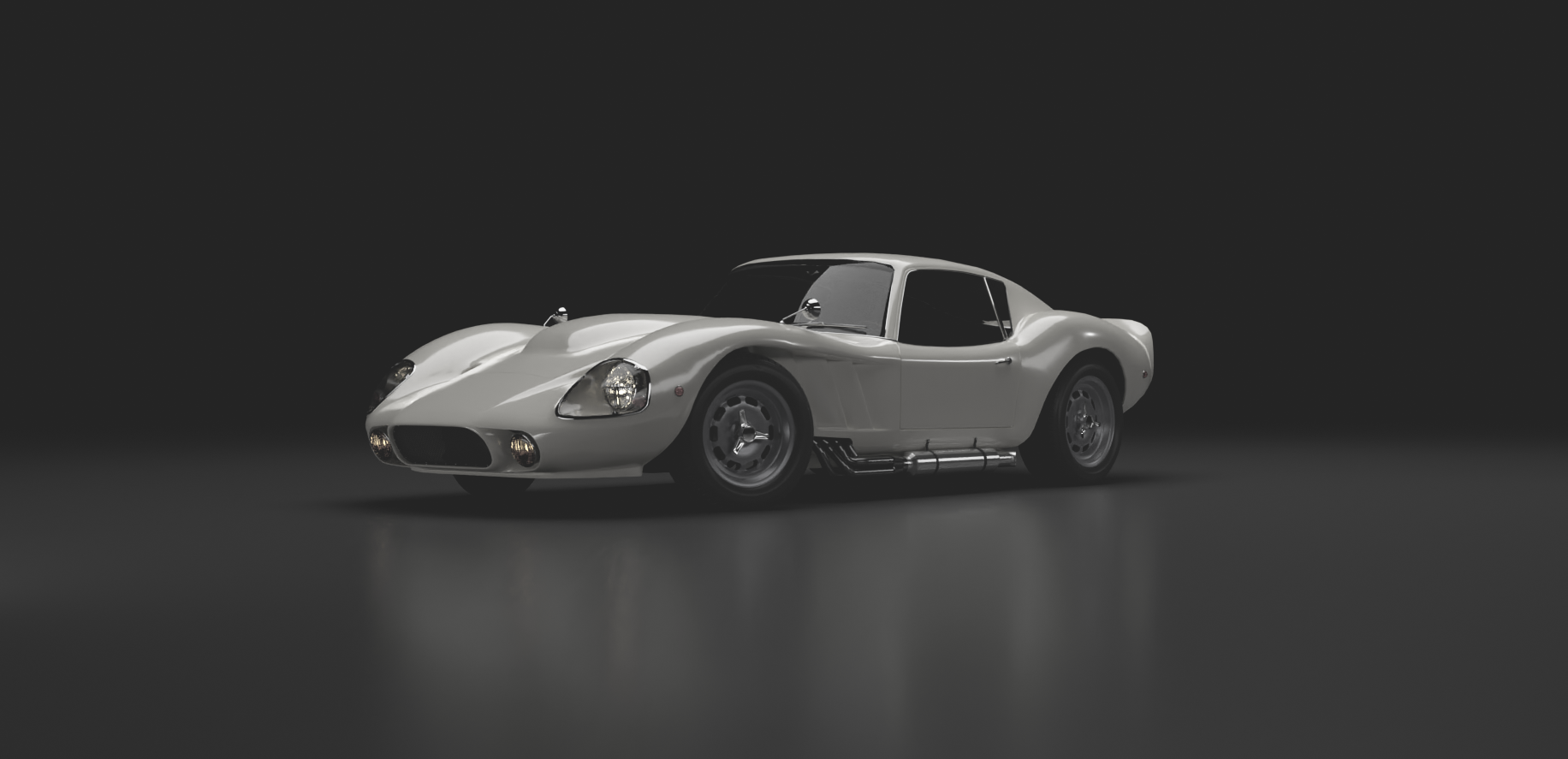 A sleek, vintage white sports car with rounded edges, large headlights, and side exhaust pipes, set against a dark background.