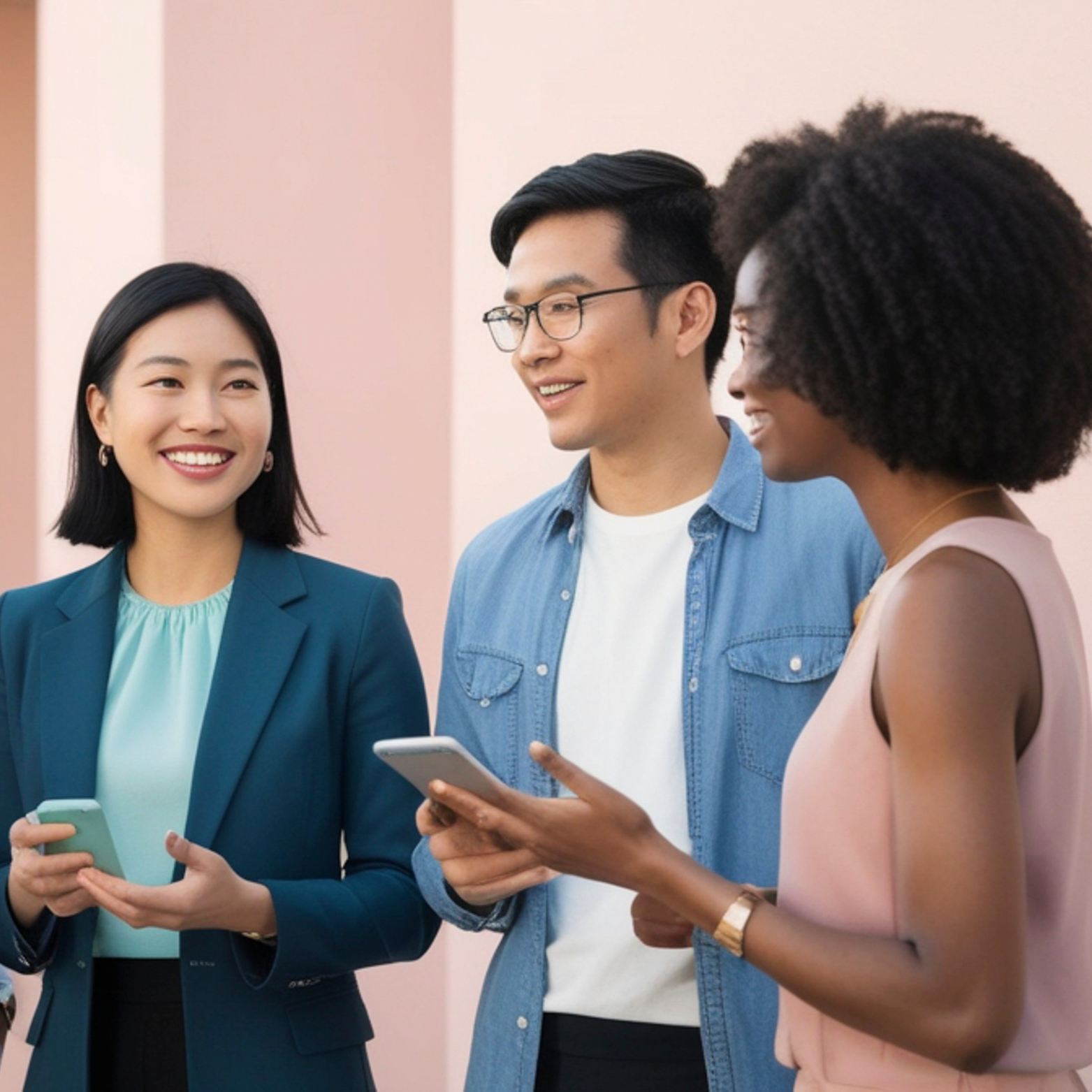 Three diverse people smiling and looking at each other, holding smartphones, standing against a soft pink background.