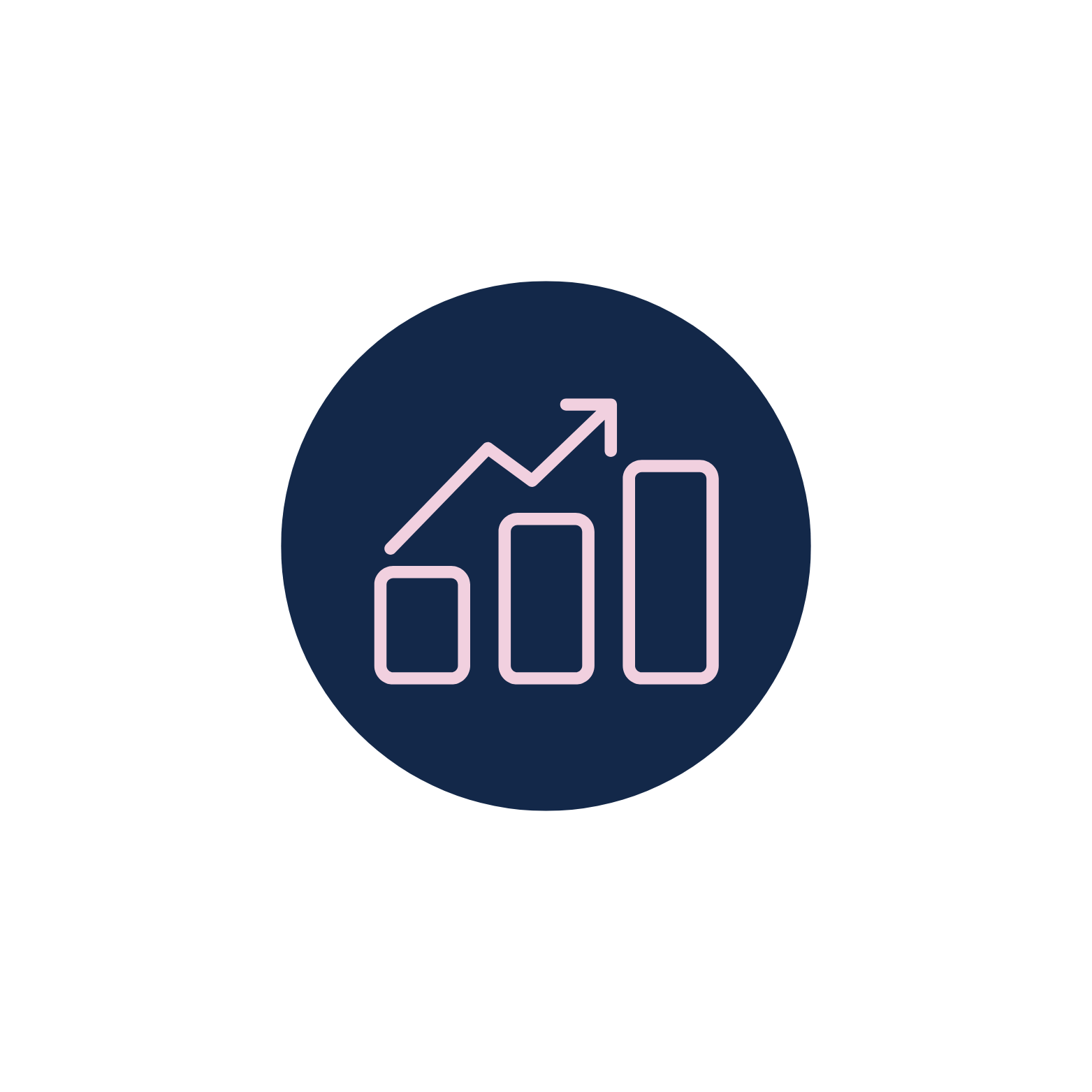 Icon of a bar graph with an upward trend arrow, on a dark blue circular background.