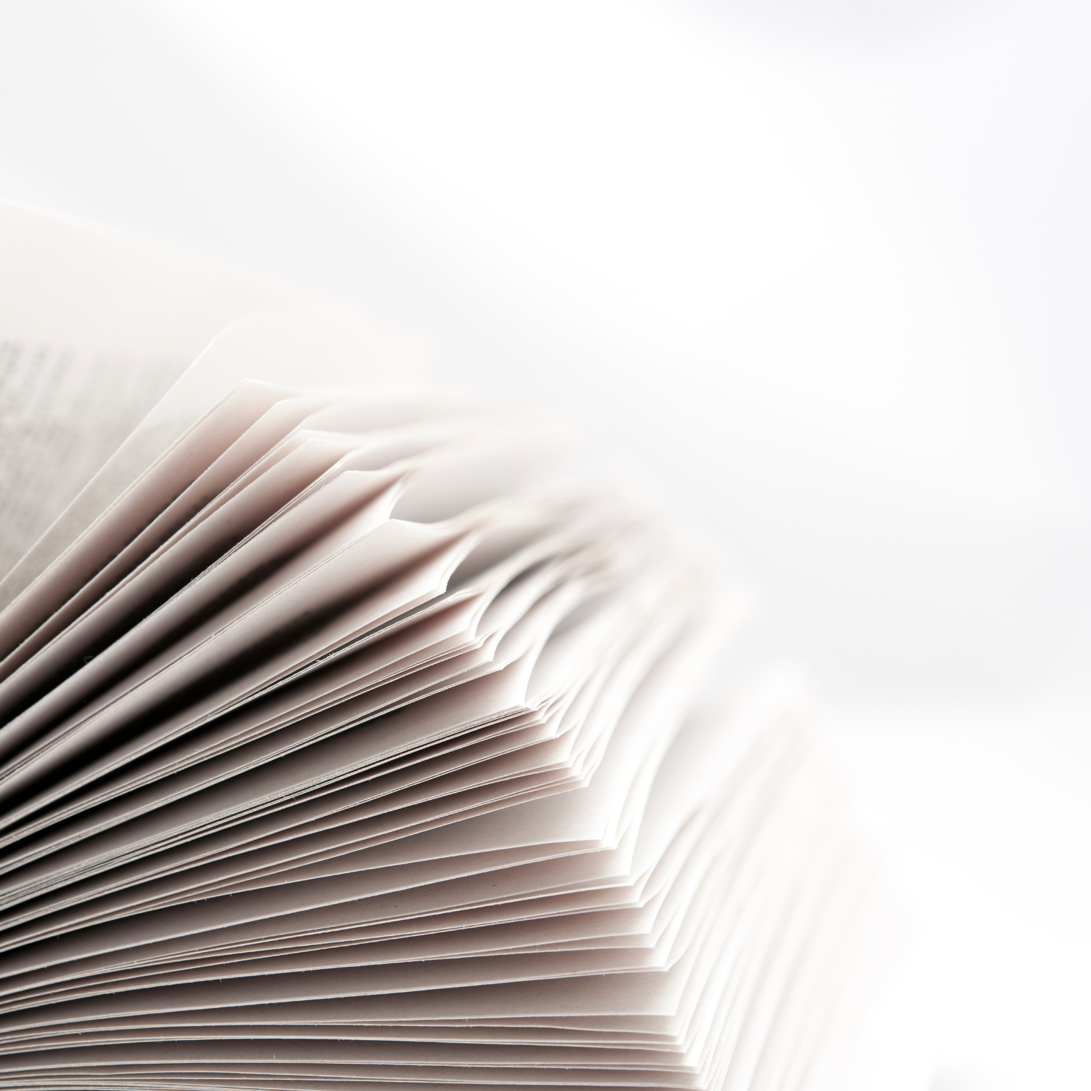 Close-up of an open book with white pages, side view.