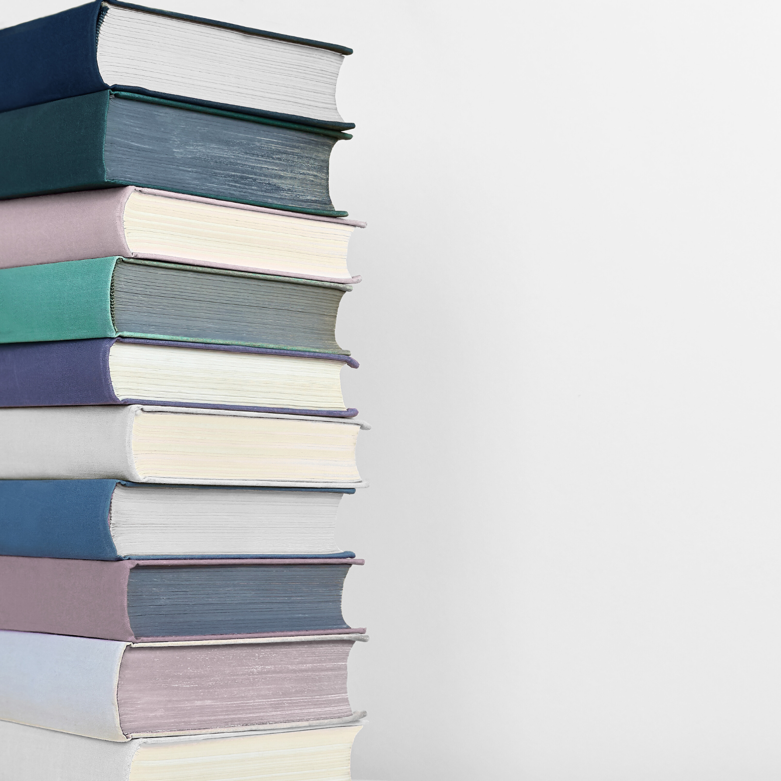 Stack of colorful hardcover books arranged vertically on a plain white background.