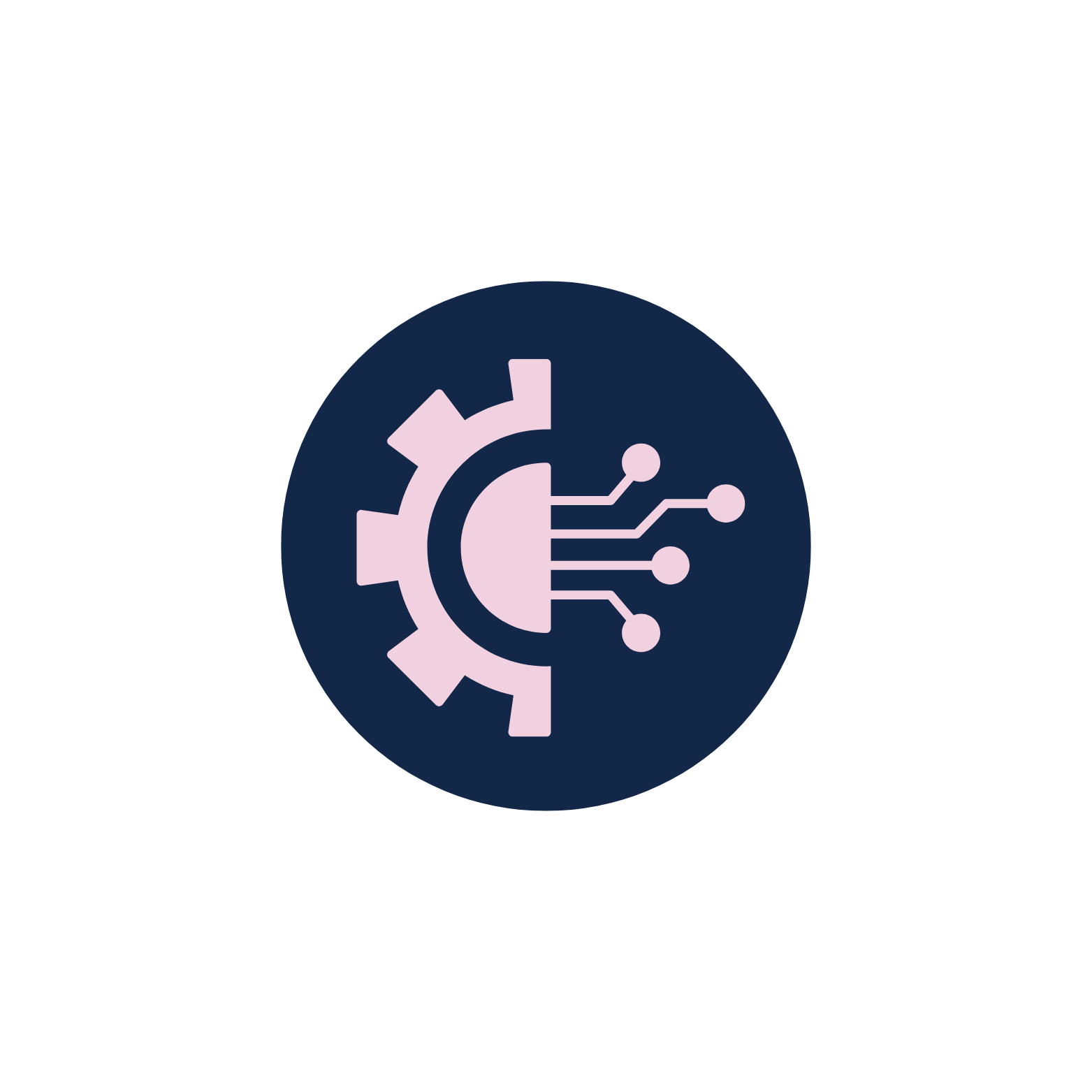 Icon representing artificial intelligence with a gear on the left and circuit lines on the right inside a navy blue circle.