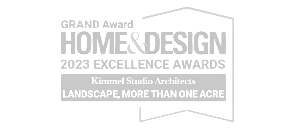 Home & Design 2023 Grand Award: Kimmel Interiors achievement in 'Landscape, More Than One Acre' for high-end residential estates.