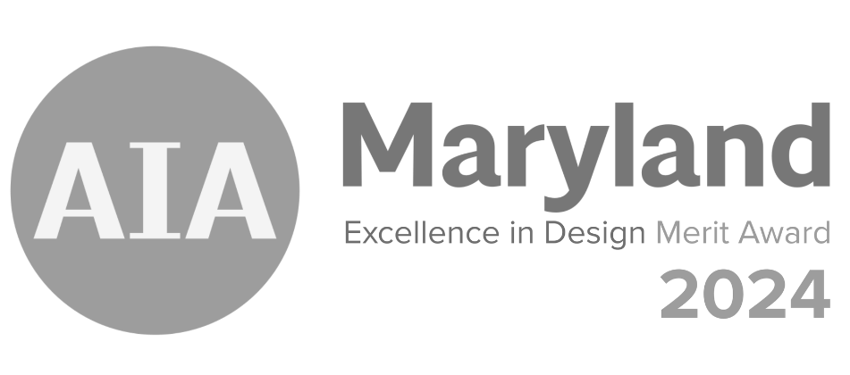 Maryland AIA 2024 Excellence in Design Merit Award Badge: Kimmel Interiors achievement in professional architectural design.