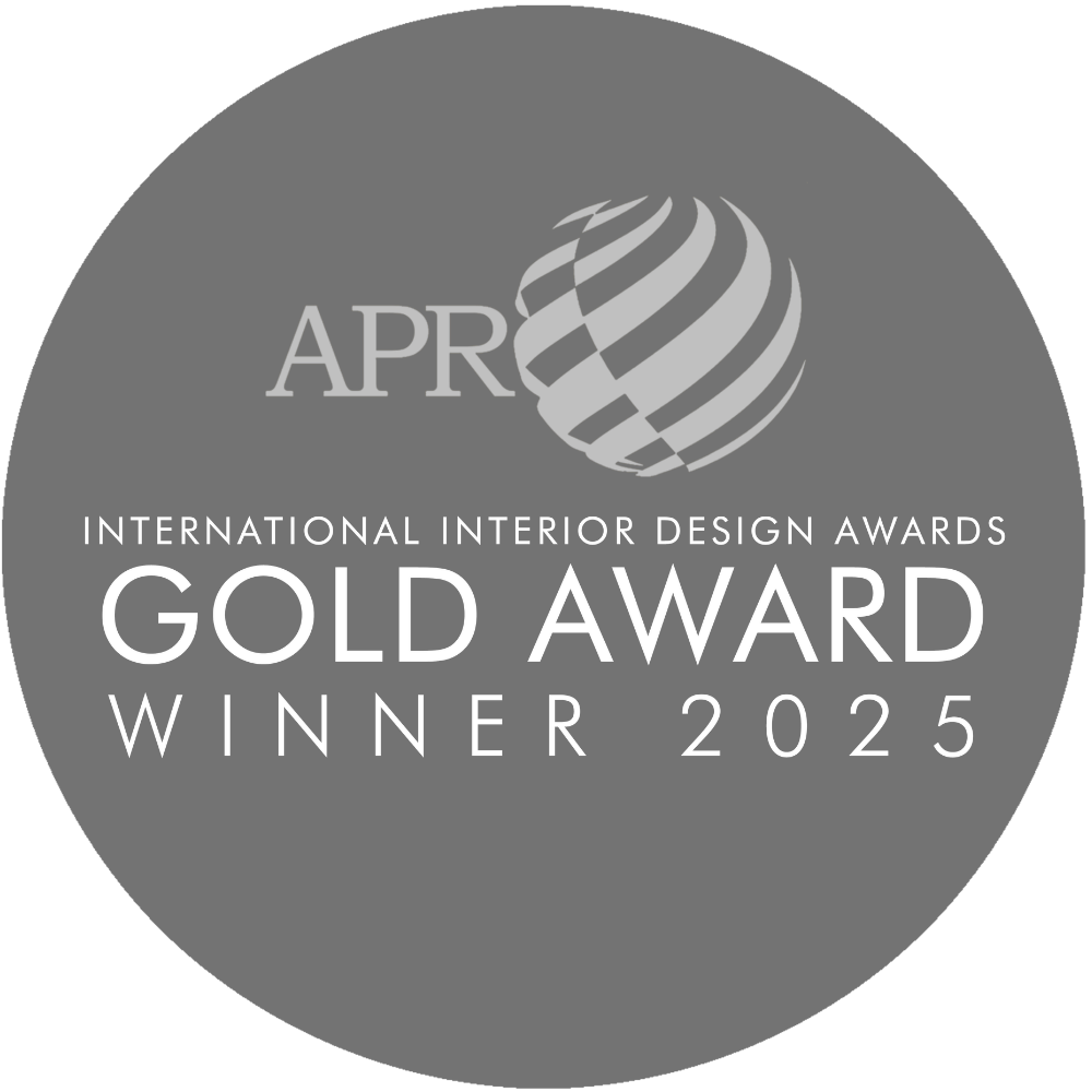 Gold Award Winner 2025, International Interior Design Awards (APR) - Kimmel Interiors achievement badge.
