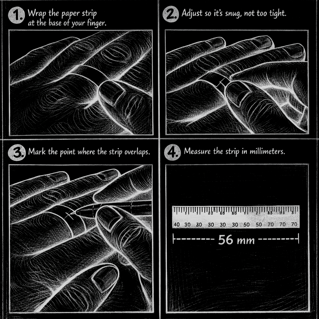 Four illustrated steps to measure your finger with a strip of paper: wrap it, adjust it, mark the overlap and measure it in millimeters.