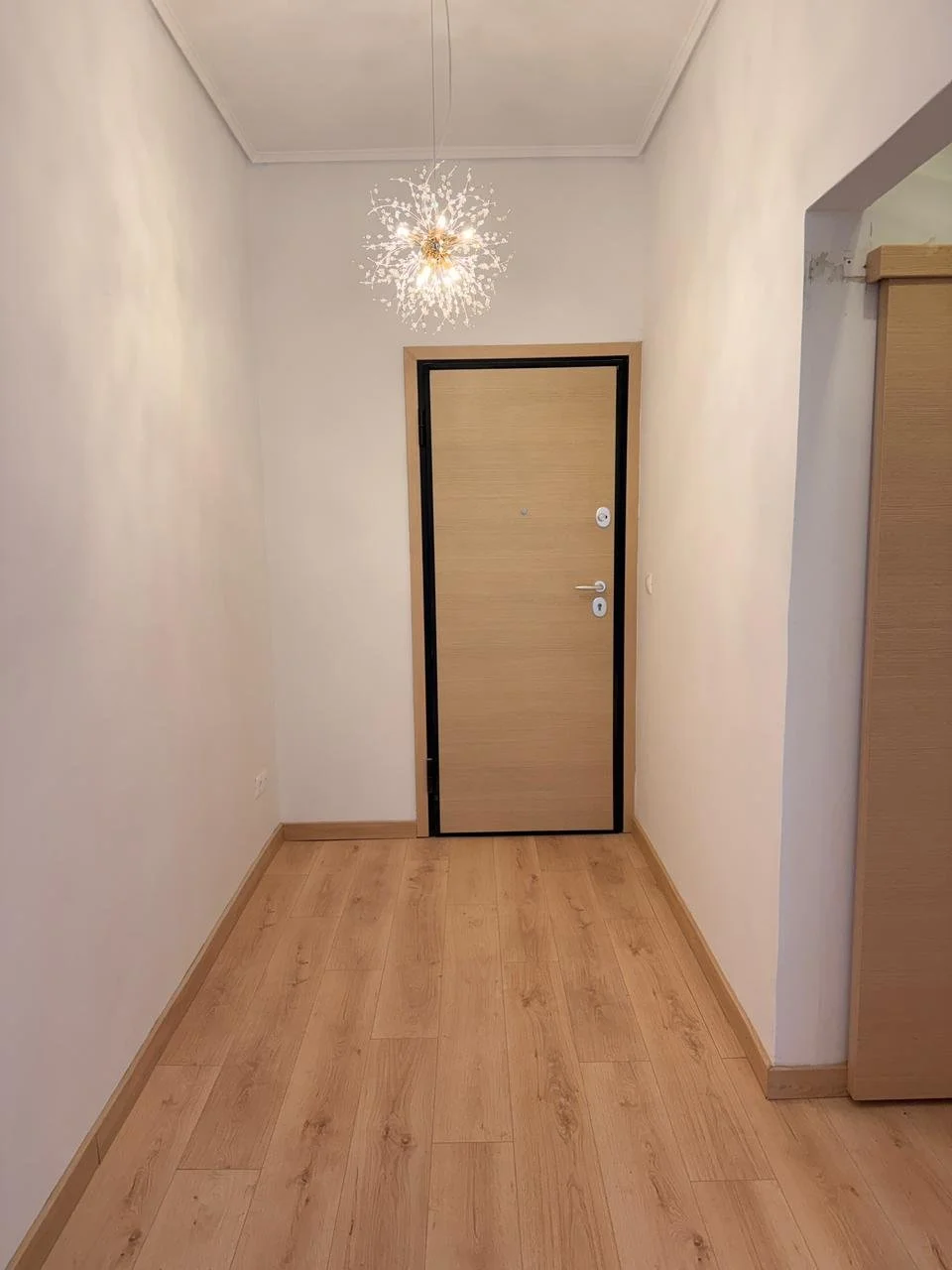 A doorway with light wood door and black frame inside a hallway with light wood flooring and white walls, illuminated by a decorative ceiling light.