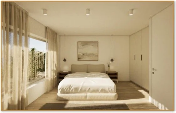 Minimalist bedroom with large window, white curtains, bed, two pendant lights, and a framed painting above the bed.