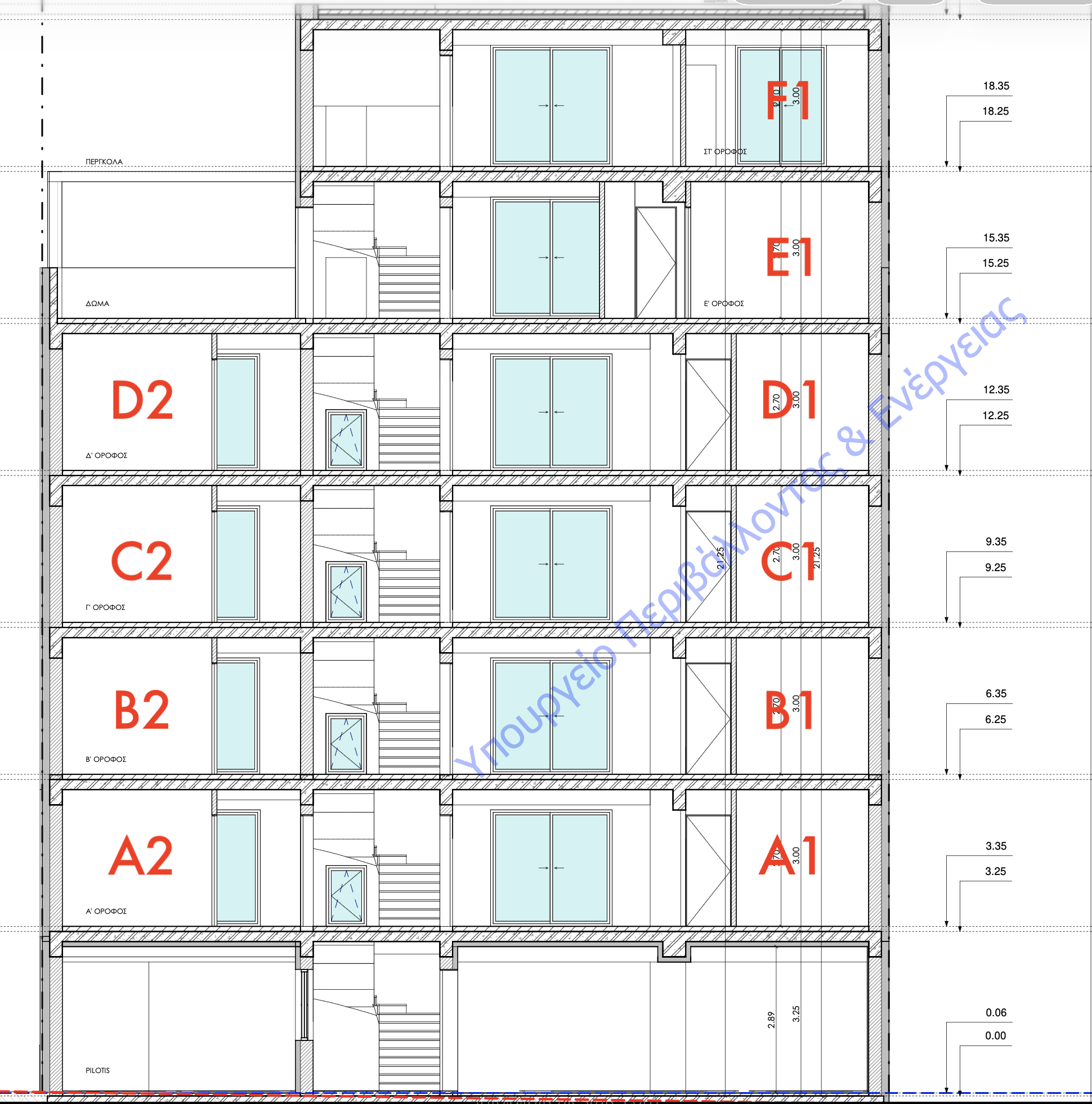 Elevation drawing of a multi-story building with labeled sections A1, A2, B1, B2, C1, C2, D1, D2 in red, showing window placements, stairs, and floor heights.