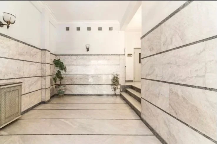 Empty corridor with marble walls and floor, potted plants, wall-mounted light fixtures, and stairs leading to an upper level. Greece, Investment, Golden Visa, Real Estate, Cyprus, Georgia, Lebanon, LPI, Athens.