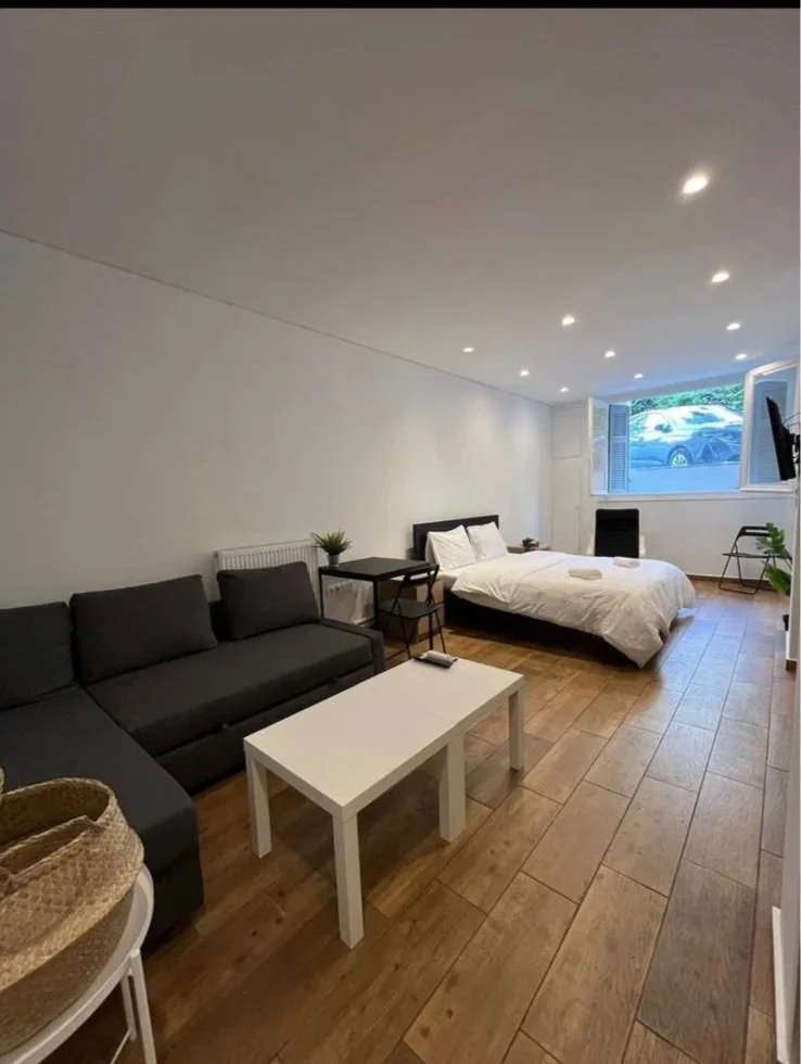 Studio apartment with a bed, gray sofa, white coffee table, small black side tables, plants, a window with view of parked cars and trees, and a TV mounted on the wall.