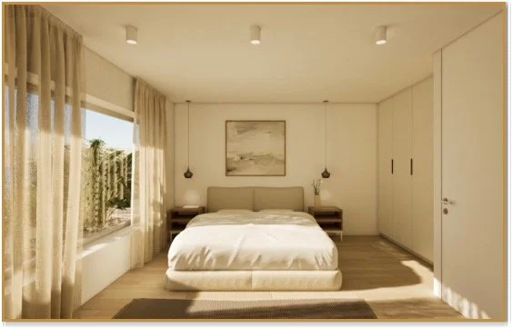 Minimalist bedroom with a large bed, nightstands, pendant lights, a painting, window with curtains, and a closet. Greece, Investment, Golden Visa, Real Estate, Cyprus, Georgia, Lebanon, LPI, Athens.