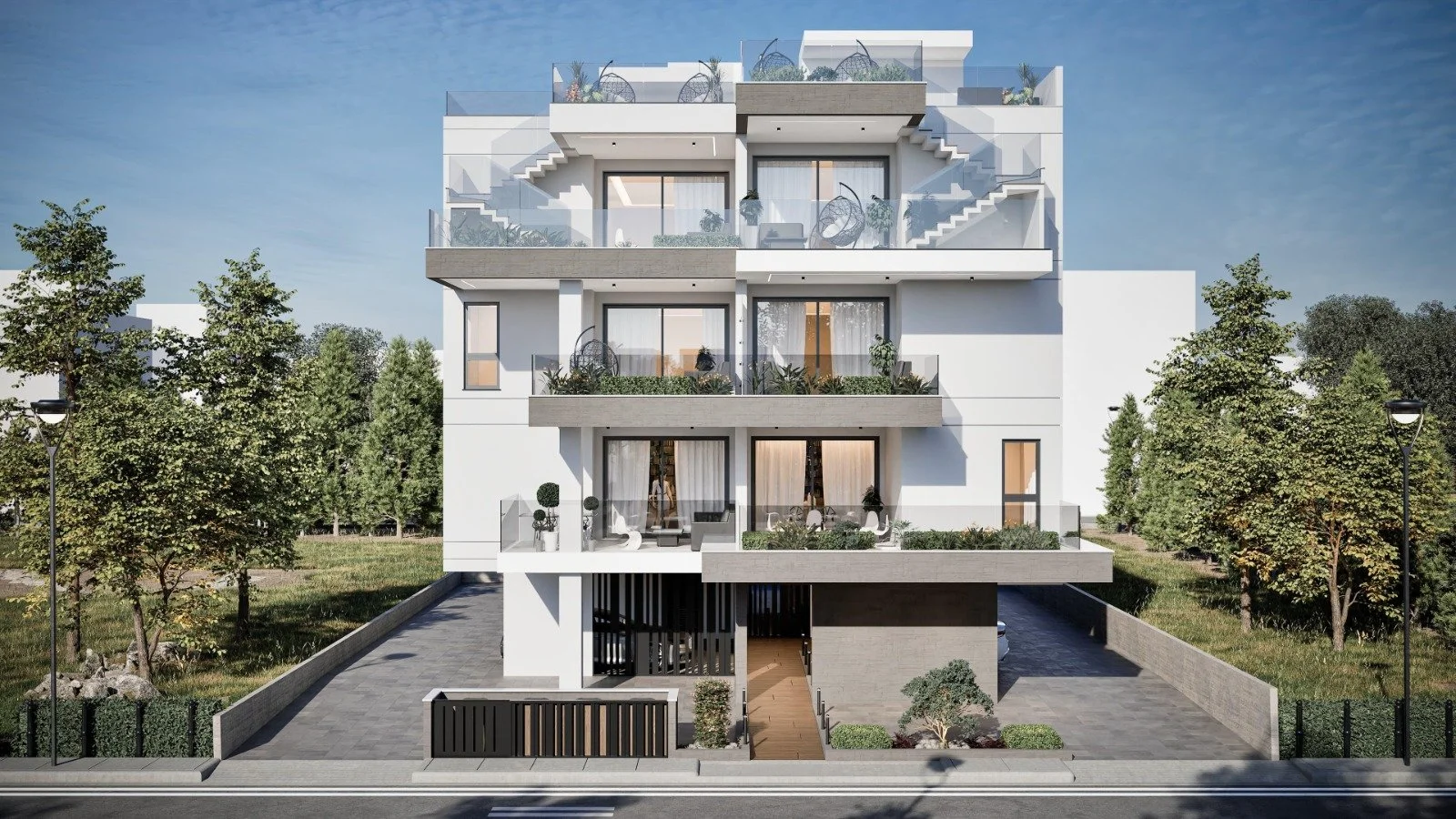Modern multi-story residential building with balconies, surrounded by trees and parking area, under a clear blue sky. Greece, Investment, Golden Visa, Real Estate, Cyprus, Georgia, Lebanon, LPI, Athens.